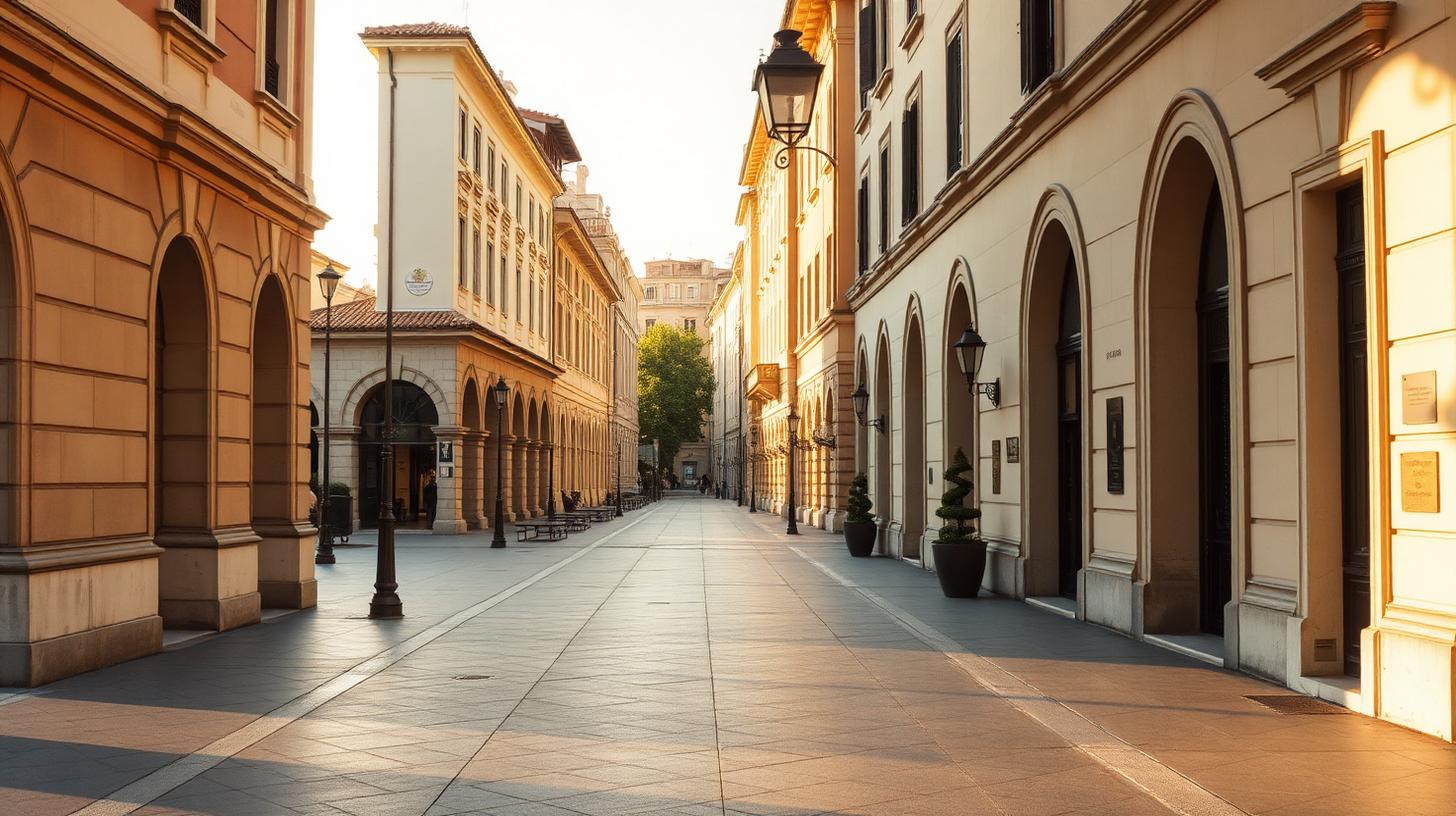 Portici e palazzi storici emiliani al tramonto
