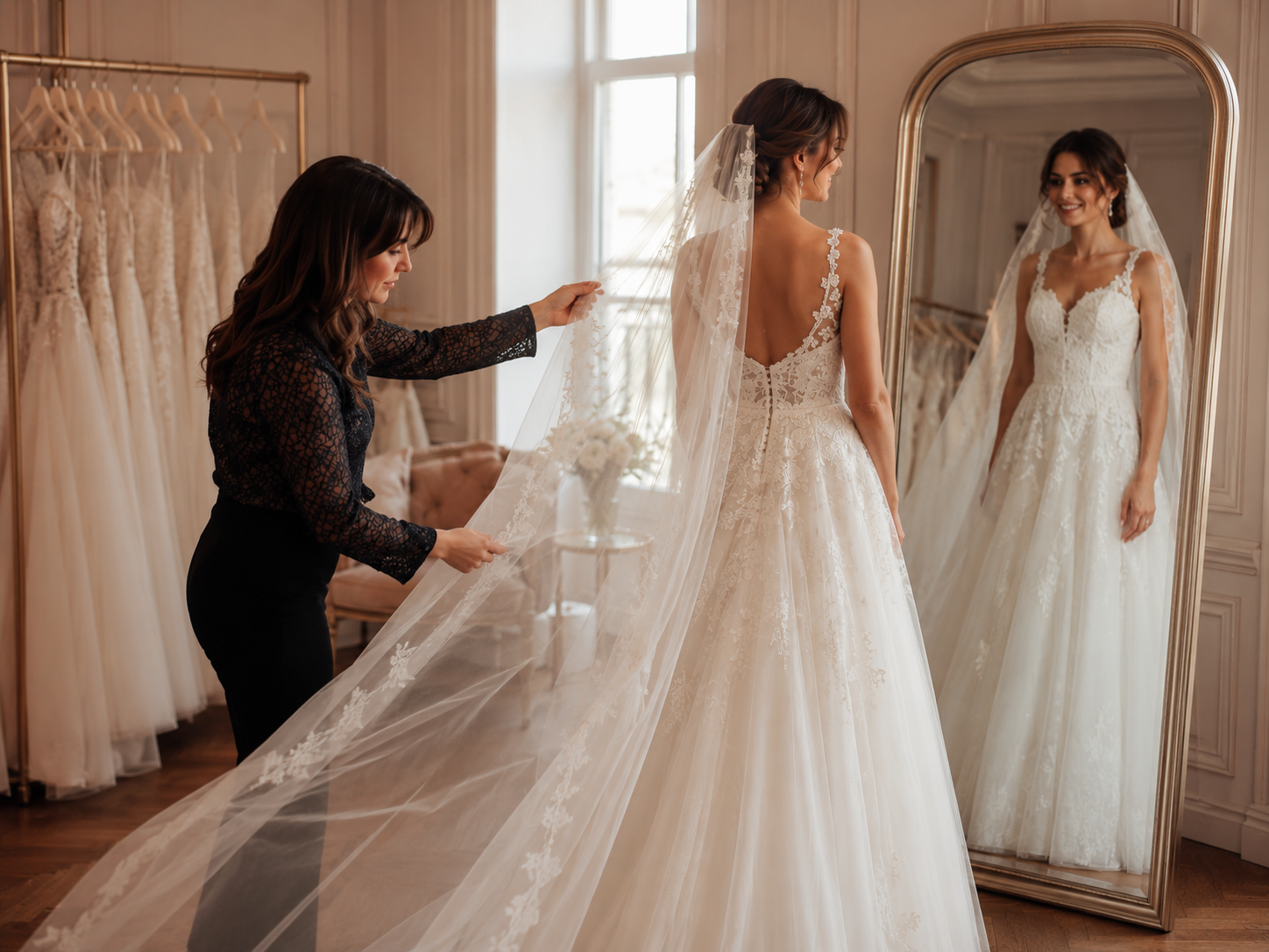 Consulente che sistema l’abito durante una prova in atelier