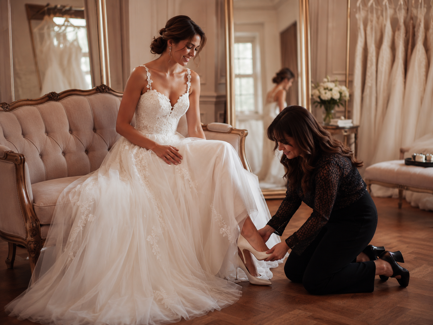 Abito da sposa in mikado avorio esposto in atelier