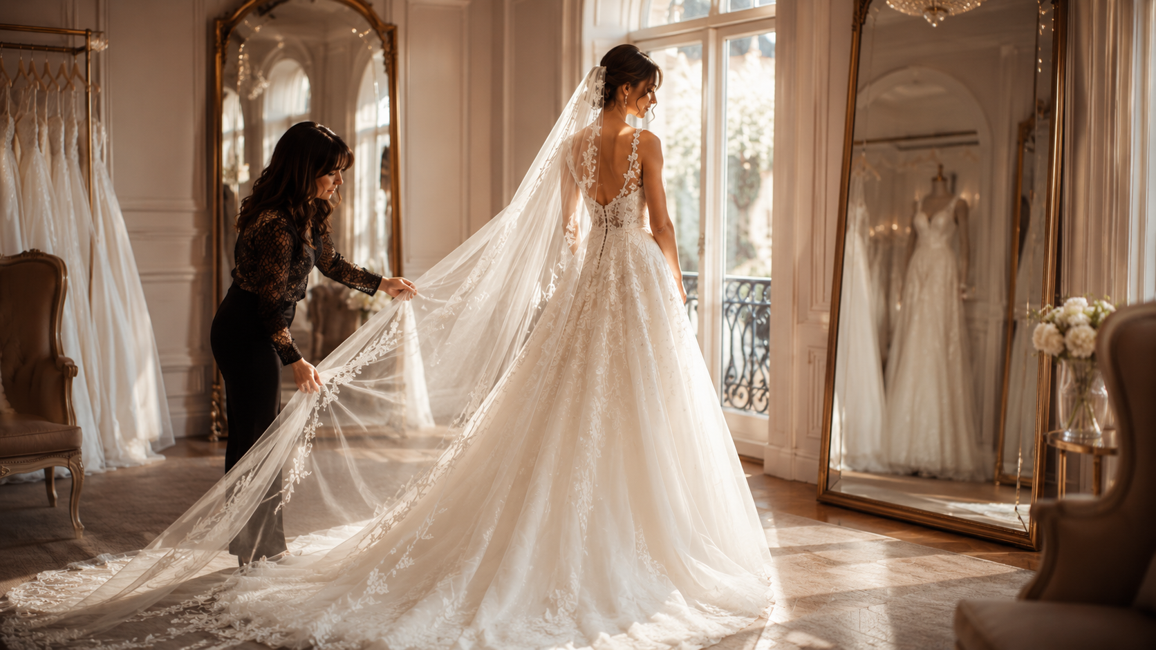 Prova dell’abito da sposa davanti allo specchio